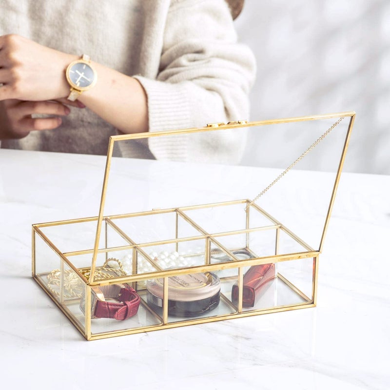 Levilan Golden Vintage Glass Box Clear Glass & Brass Metal Storage Jewelry and Cosmetic Makeup Lipstick Holder Organizer Beauty Display, 6 Compartment - Image 5